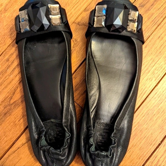 Tory Burch 8 M Black Jeweled Flats Ballet Shoes Genuine Leather Holiday Bling - Picture 2 of 12